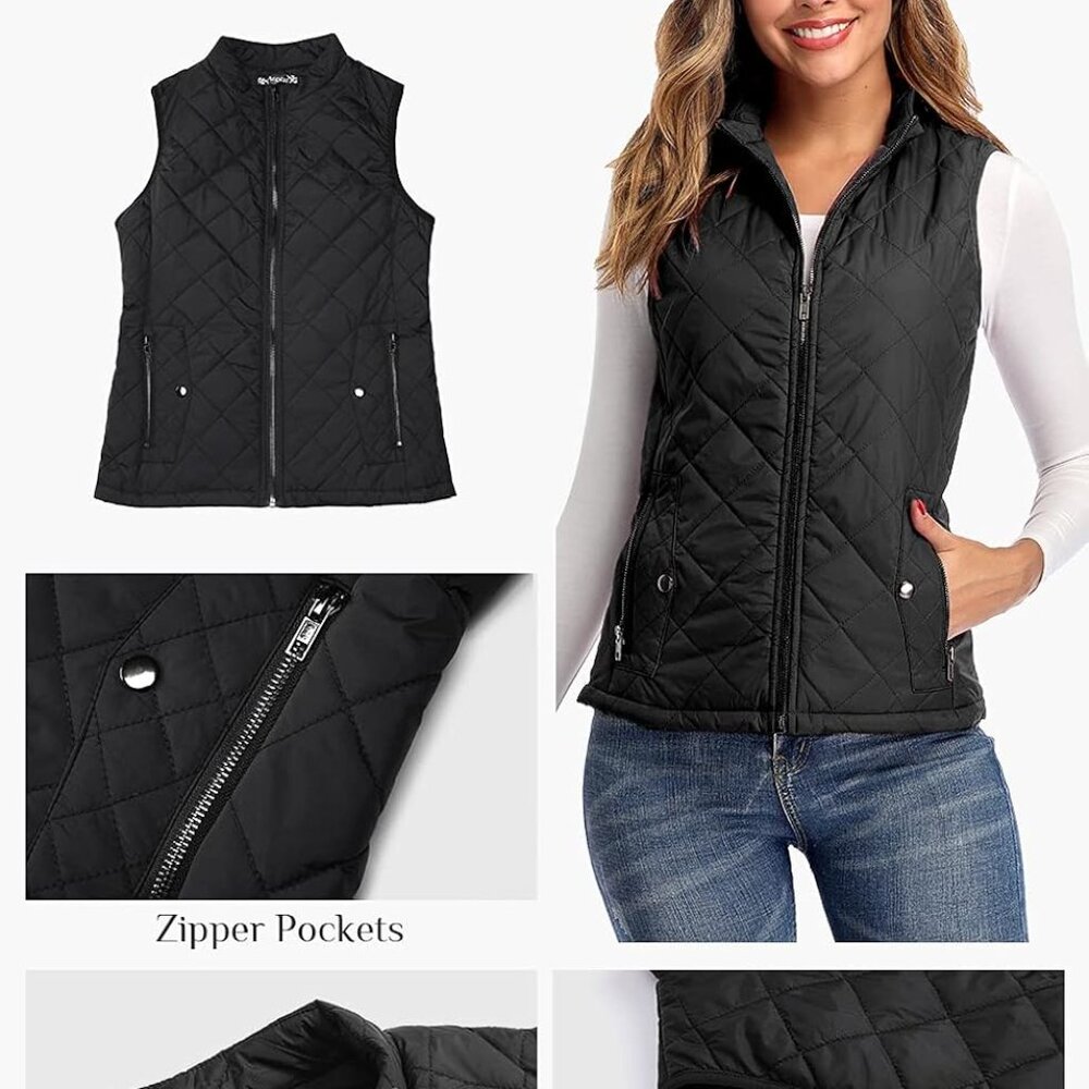 New Women's Vest, Quilted Lightweight Zip Pockets Padded Gilet (XS-2XL)
